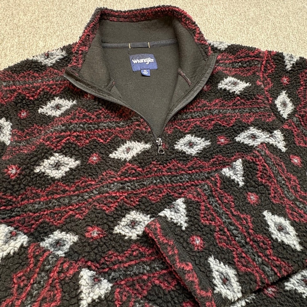 VTG Wrangler Brown Sherpa Fleece Mens XL Aztec Southwest Print 1/4 Zip‎ Western